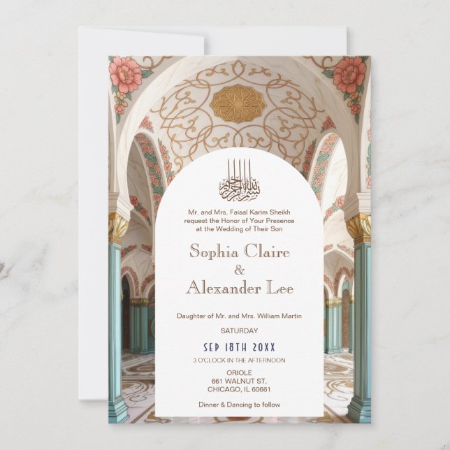 Convite de Casamento Islâmico Luxuoso com Arco Flo (Frente)