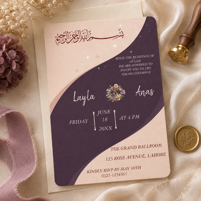Convite de Casamento Islâmico Minimalista Roxo Nih (Criador carregado)