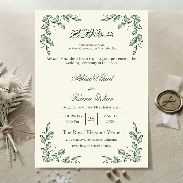 Convite de Casamento Islâmico Muçulmano com Florai (Criador carregado)