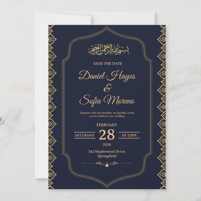 Convite de Casamento Islâmico Muçulmano Elegante (Frente)