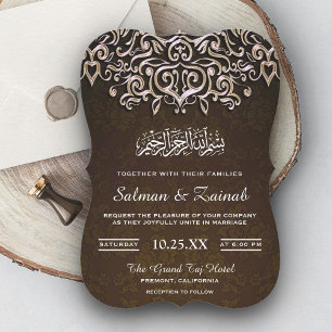 Convite de Casamento Islâmico Muslim Damask Marrom