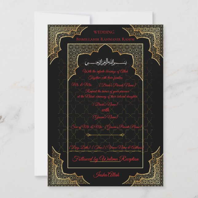 Convite de Casamento Islâmico Preto e Dourado de L (Frente)
