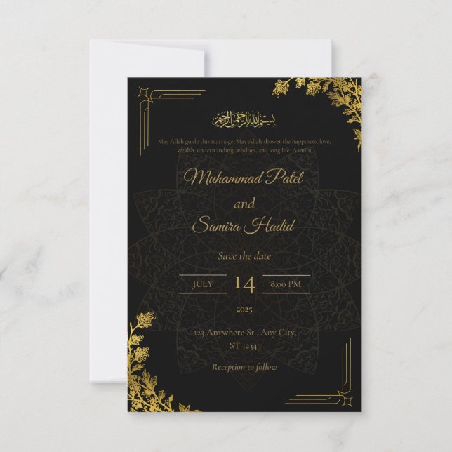 Convite de Casamento Islâmico Preto e Dourado Eleg (Frente)