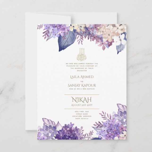Convite de casamento Islâmico Purple Floral Nikah  (Frente)