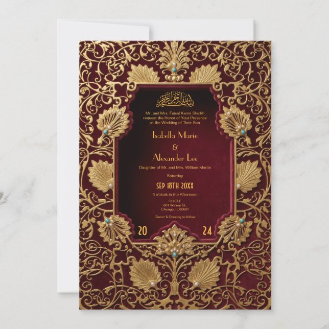 Convite de Casamento Islâmico Vermelho Dourado Ele (Frente)