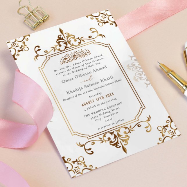 Convite de Casamento Islâmico Vintage Ouro e Creme (Criador carregado)
