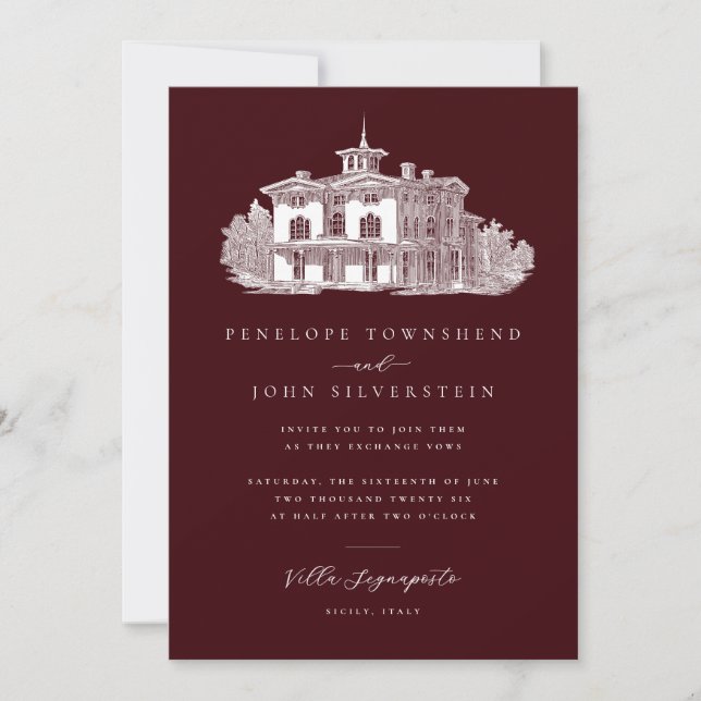 Convite de Casamento Italiano Villa Ilustração Bur (Frente)