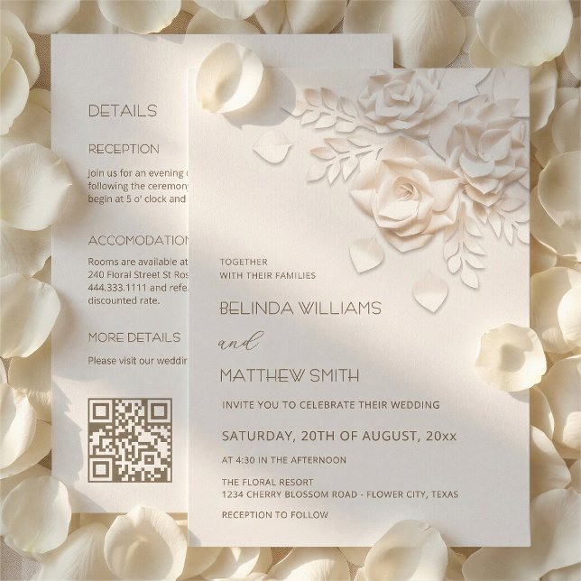 Convite de Casamento Ivory 3D Flowers All-In-One (Criador carregado)