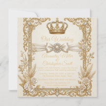 Convite de Casamento Ivory Gold Elegante Coroa Rea