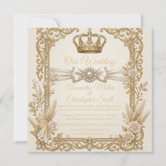 Convite de Casamento Ivory Gold Elegante Coroa Rea
