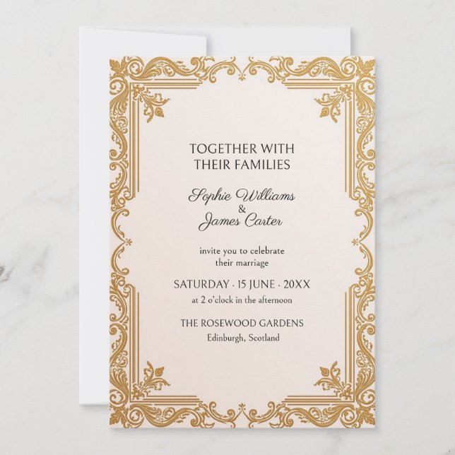 Convite de Casamento Ivory Gold Victorian Scroll (Frente)