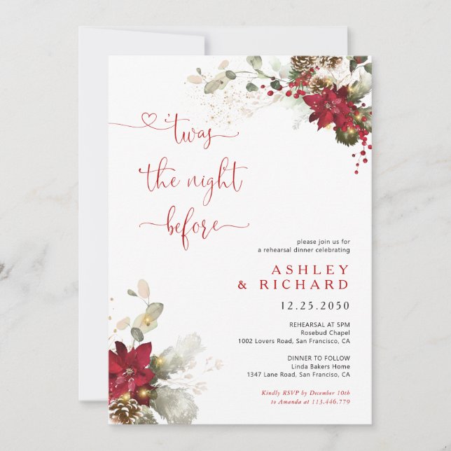 Convite de Casamento Jantar de Natal com Floral Ve (Frente)