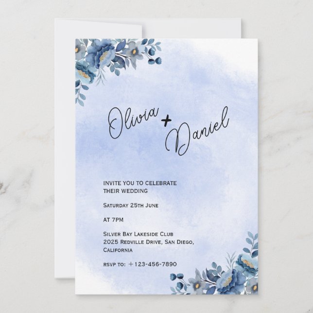 Convite de Casamento Jardim Azul Chic (Frente)