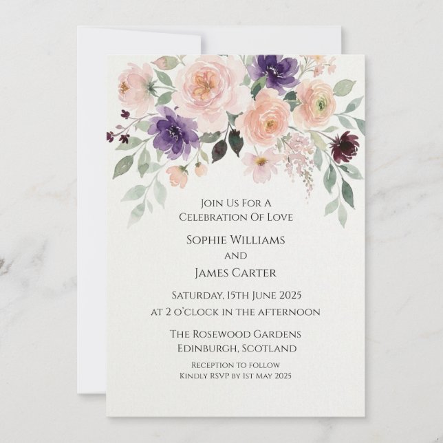Convite de Casamento Jardim com Rosa Bege (Frente)
