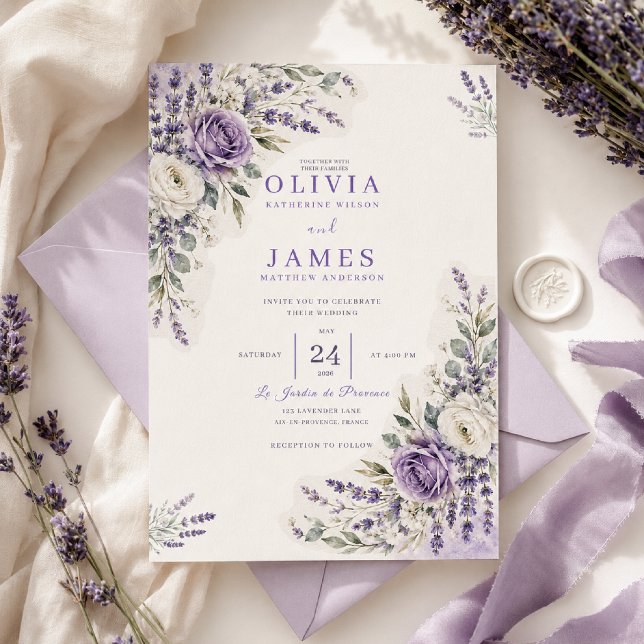 Convite de Casamento Jardim de Lavanda Aquarela (Criador carregado)