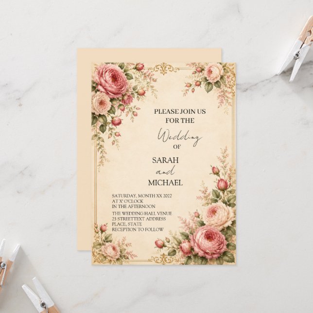 convite de casamento jardim de rosa antiga (Frente/Verso In Situ)