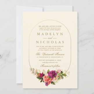 Convite de Casamento Jardim Floral Dourado Vintage