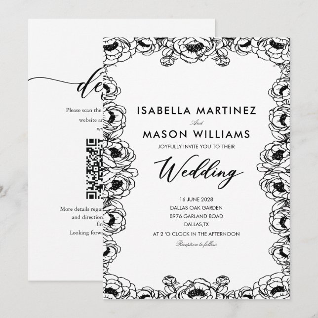convite de casamento JARDIM FLORAL preto & branco  (Frente/Verso)