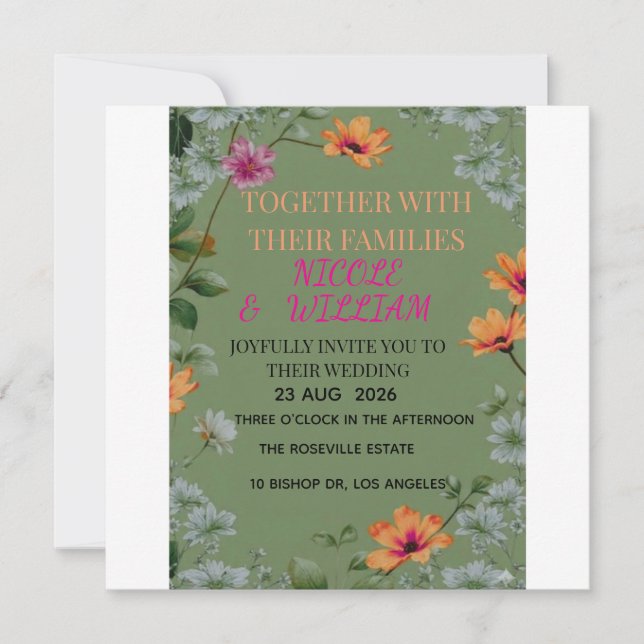 Convite de Casamento Jardim Floral Verde Sálvia (Frente)