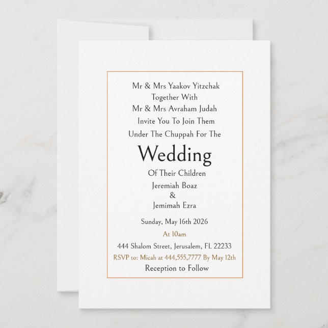 Convite de Casamento Judaico Tradicional Moderno S (Frente)