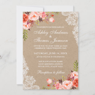 Convite de casamento Kraft Coral Floral Lace
