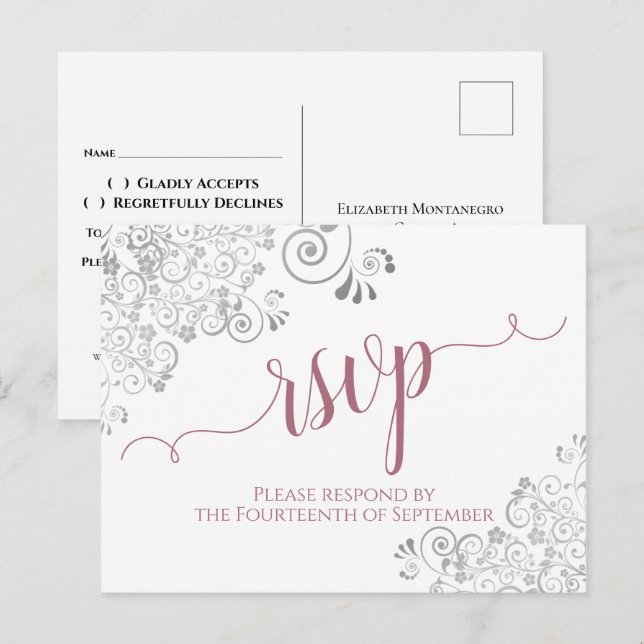 Convite de Casamento Lacy Calligraphy Dusty Rose B (Frente/Verso)