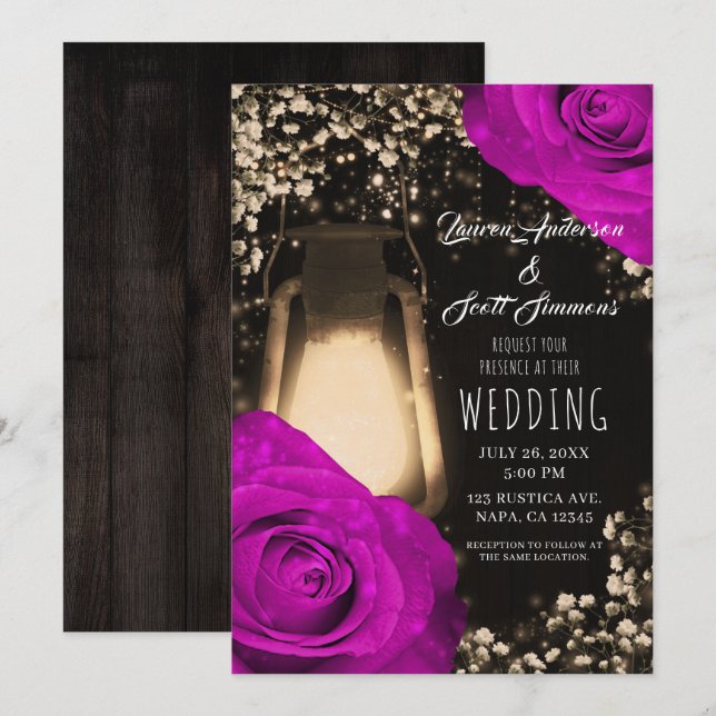 Convite de Casamento Lanterna Rustic Glow e Fuchsi (Frente/Verso)