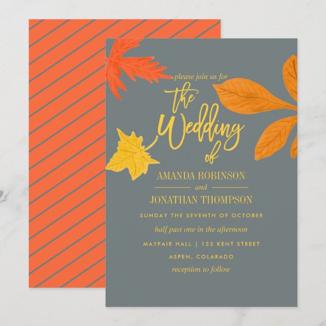 Convite de casamento laranja brilhante de outono (Frente/Verso)