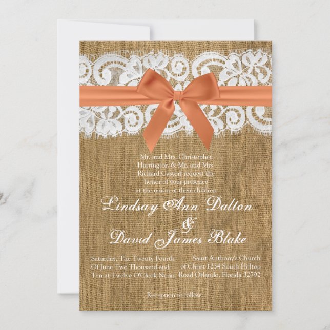 Convite de casamento Laranja Burlap Lace 5x7 (Frente)