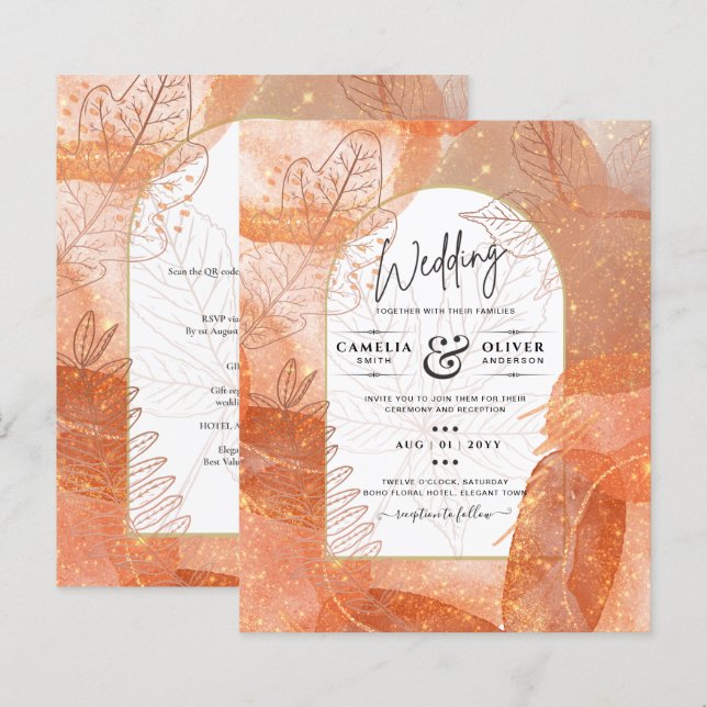 Convite de casamento Laranja de Terracotta de Qued (Frente/Verso)