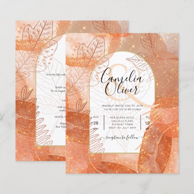 Convite de casamento Laranja de Terracotta de Qued (Frente/Verso)