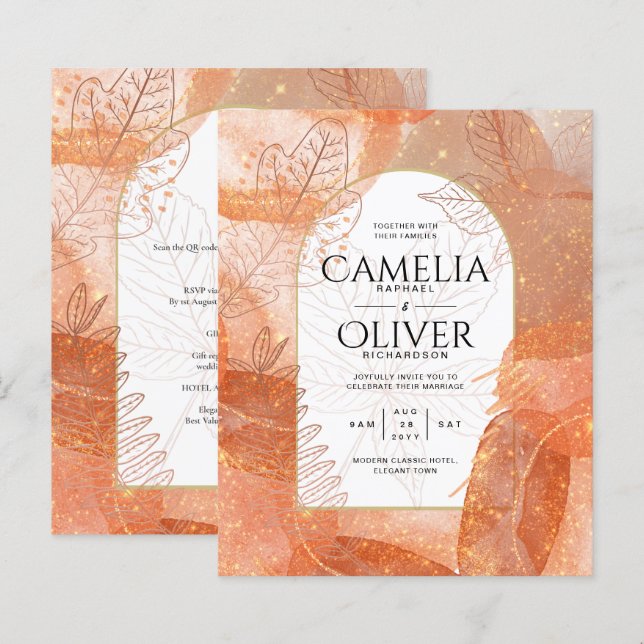 Convite de casamento Laranja de Terracotta de Qued (Frente/Verso)