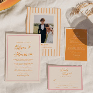 Convite de Casamento Laranja Rosa Faixa Brilho do