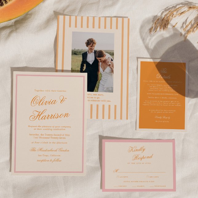 Convite de Casamento Laranja Rosa Faixa Brilho do  (Criador carregado)