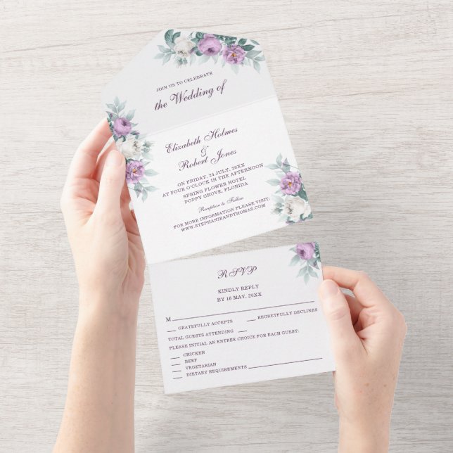 Convite de Casamento Lavanda Roxo Tudo em Um (Aba destacável)