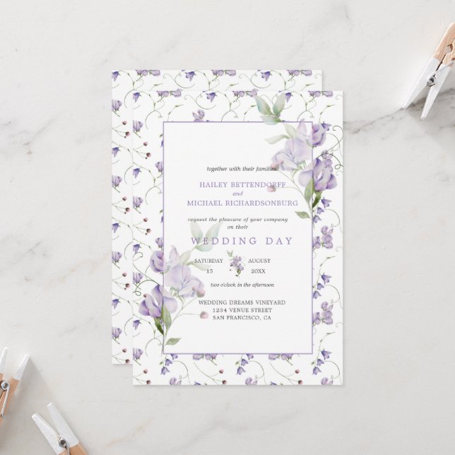 Convite de Casamento Lavanda Sweet Peas (Frente/Verso In Situ)