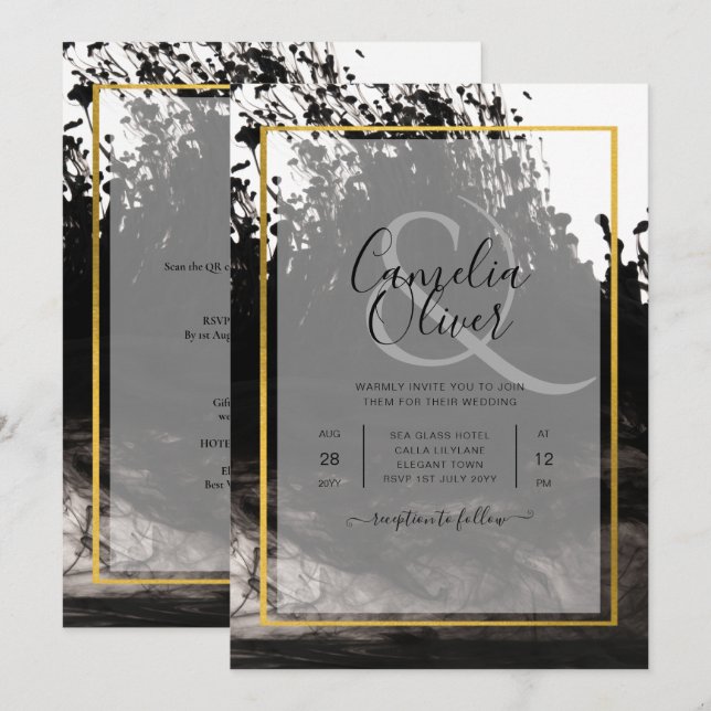Convite de casamento LeahG Black Dourado INK (Frente/Verso)
