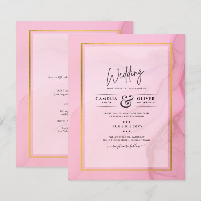Convite de Casamento LeahG Blush Rosa Dourado INK  (Frente/Verso)