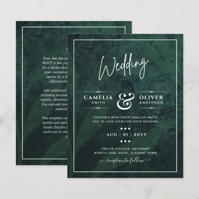 Convite de casamento LeahG Emerald Green Leaves Wh (Frente/Verso)