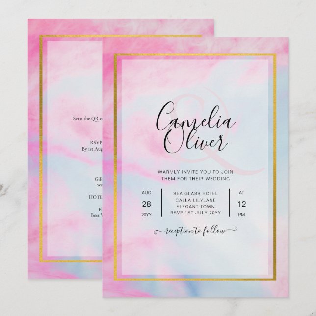 Convite de Casamento LeahG Pink Aqua Azul Dourado  (Frente/Verso)