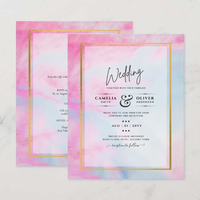 Convite de casamento LeahG Pink Aqua Blue Gold INK (Frente/Verso)