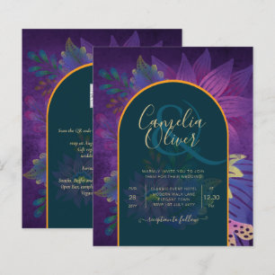 Convite de Casamento LeahG Verde Roxo Dourado TONS