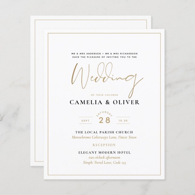 Convite de Casamento LeahG White Gold Classic Typo (Frente/Verso)