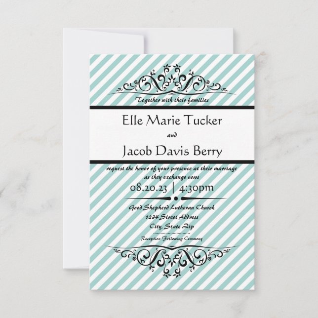 Convite de Casamento Light Blue Striped Flourish-3 (Frente)
