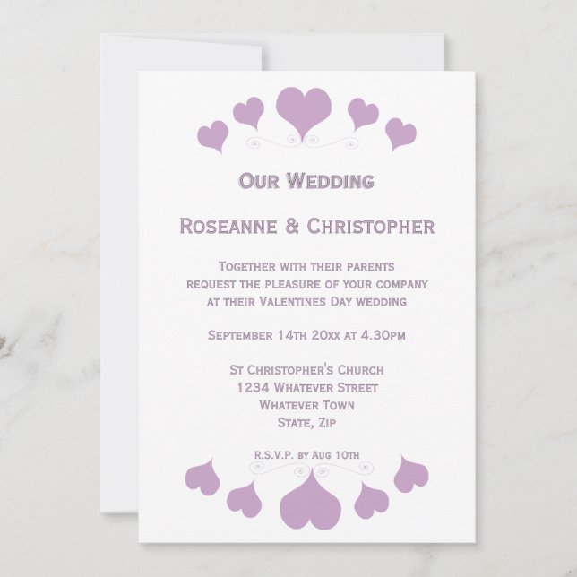 Convite de Casamento Lilac Hearts Design (Frente)