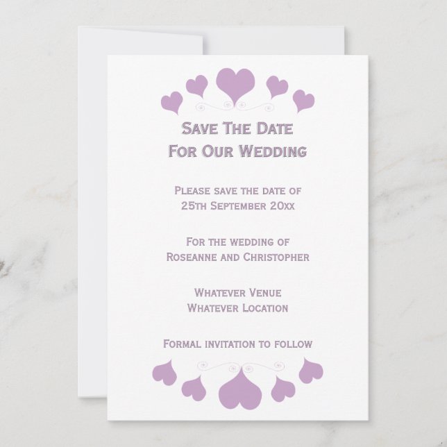 Convite de Casamento Lilac Hearts Design (Frente)