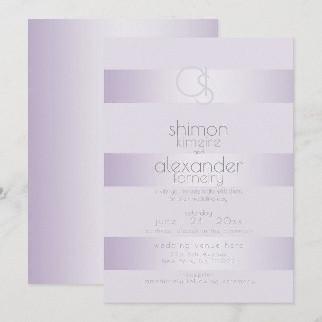 Convite De Casamento | Lilac Shimmer Stripe Monogr (Frente/Verso)