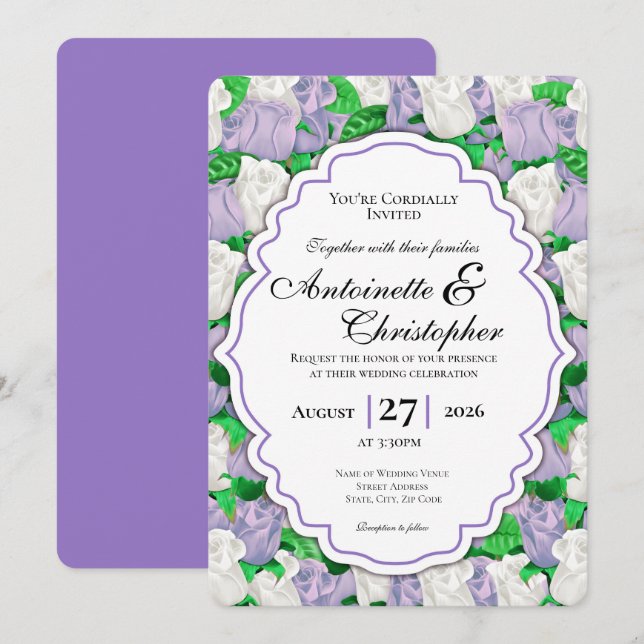 Convite de Casamento Lilás e Rosa Branca - Borda R (Frente/Verso)