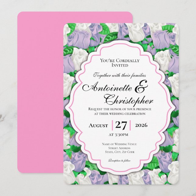Convite de Casamento Lilás e Rosa Branco com Borda (Frente/Verso)