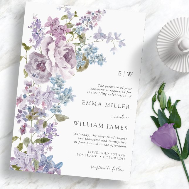 Convite de Casamento Lilás Elegante (Elegant Watercolor Lilac Wedding Invitation Monogram by Painted Paperie)